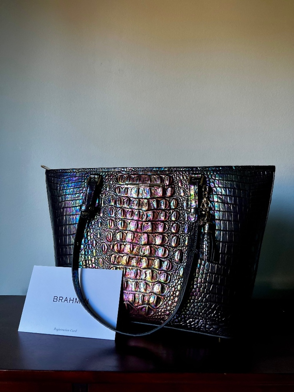 Brahmin Black Pearl ombre Medium Asher 100% croc embossed leather